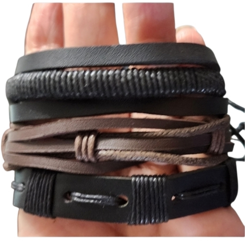 Men's Black Brown Braided Leather Bracelets Set 3